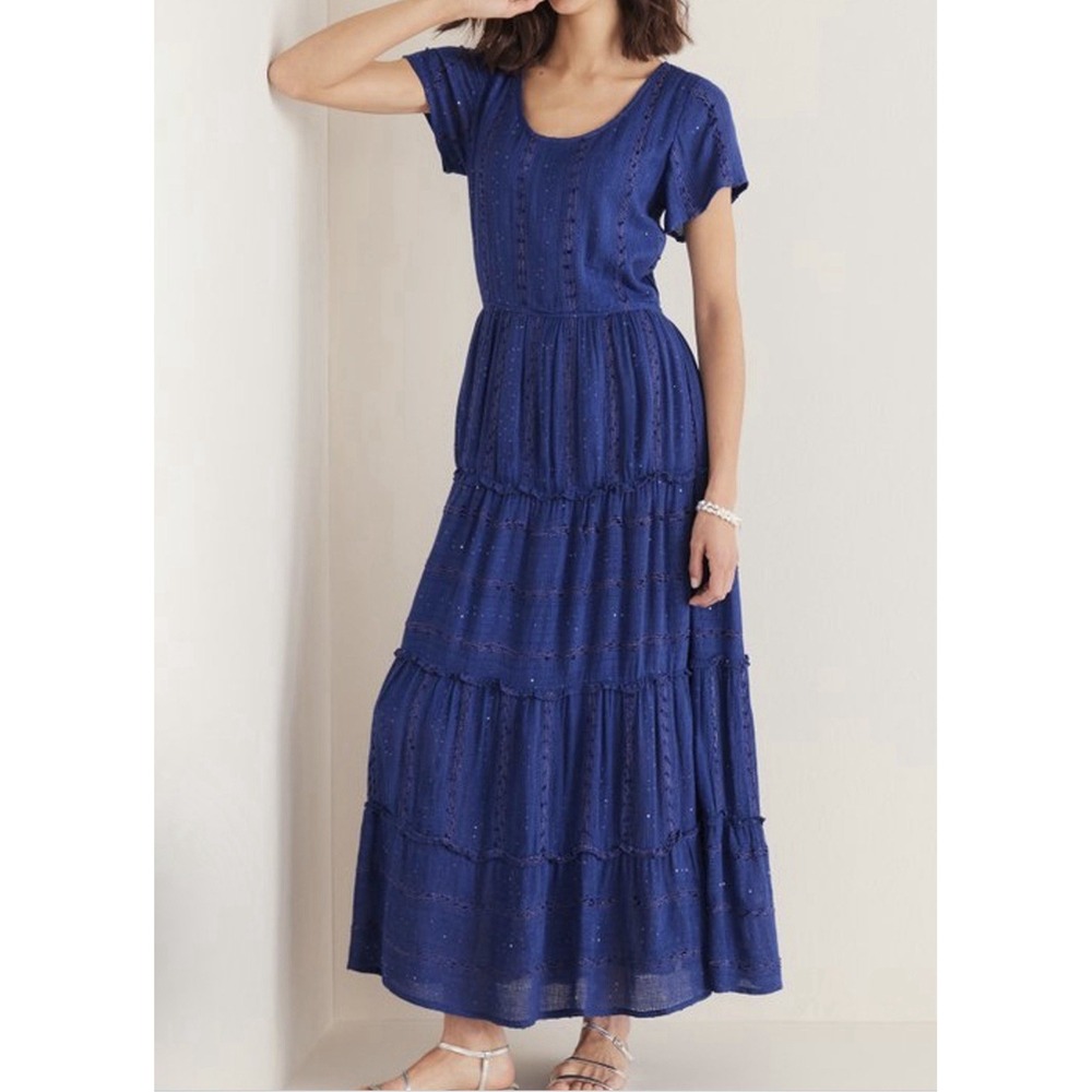 NWT Soft Surroundings Kara Shimmer Tiered Maxi Dress Large Blue Women Woven Boho - Picture 6 of 13